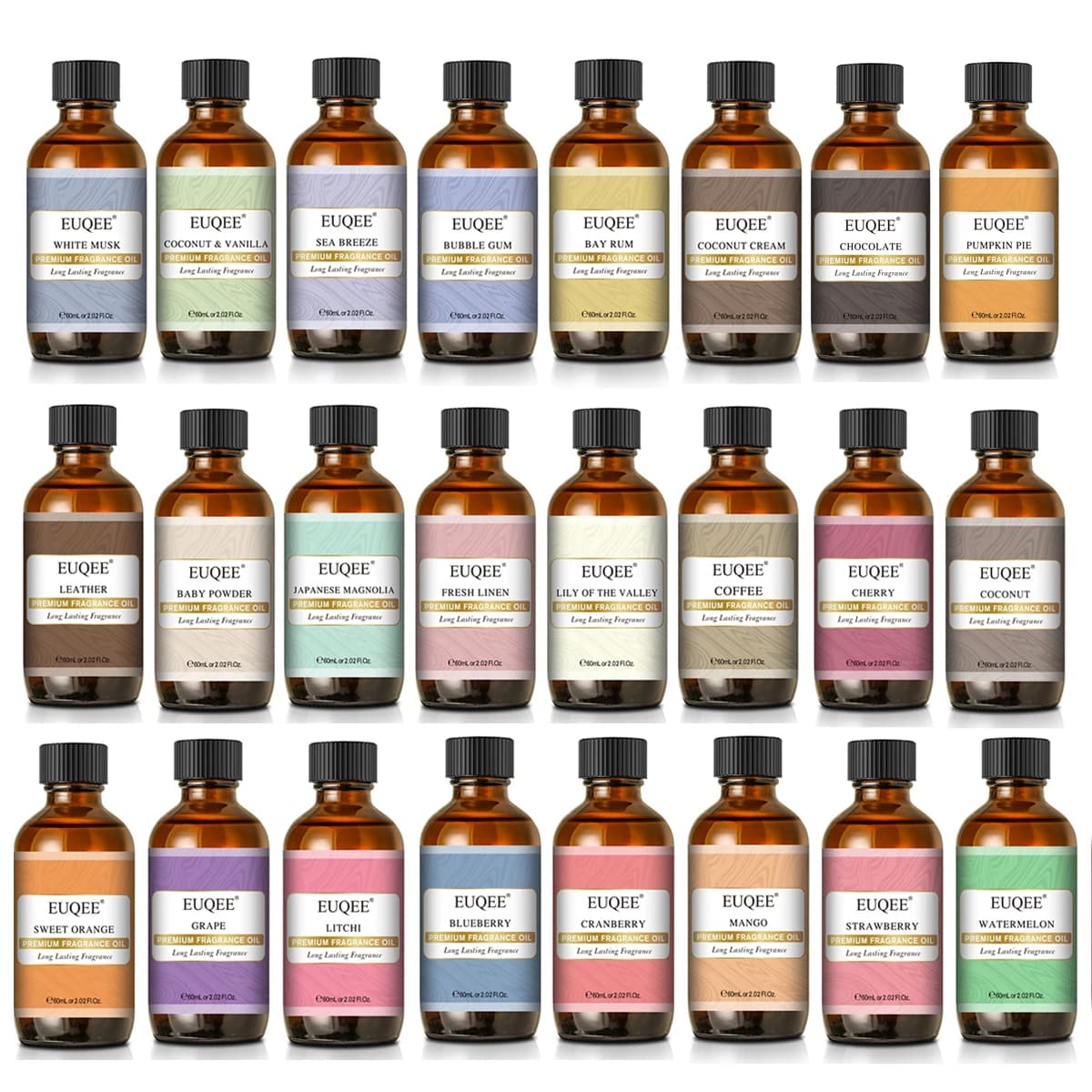 EUQEE Huile Essentielle Aromatique Noix de Coco Lilas Fresia Cuir Fraise Mangue Pastèque Thé Vert Huile Parfum pour Hommes et Femmes