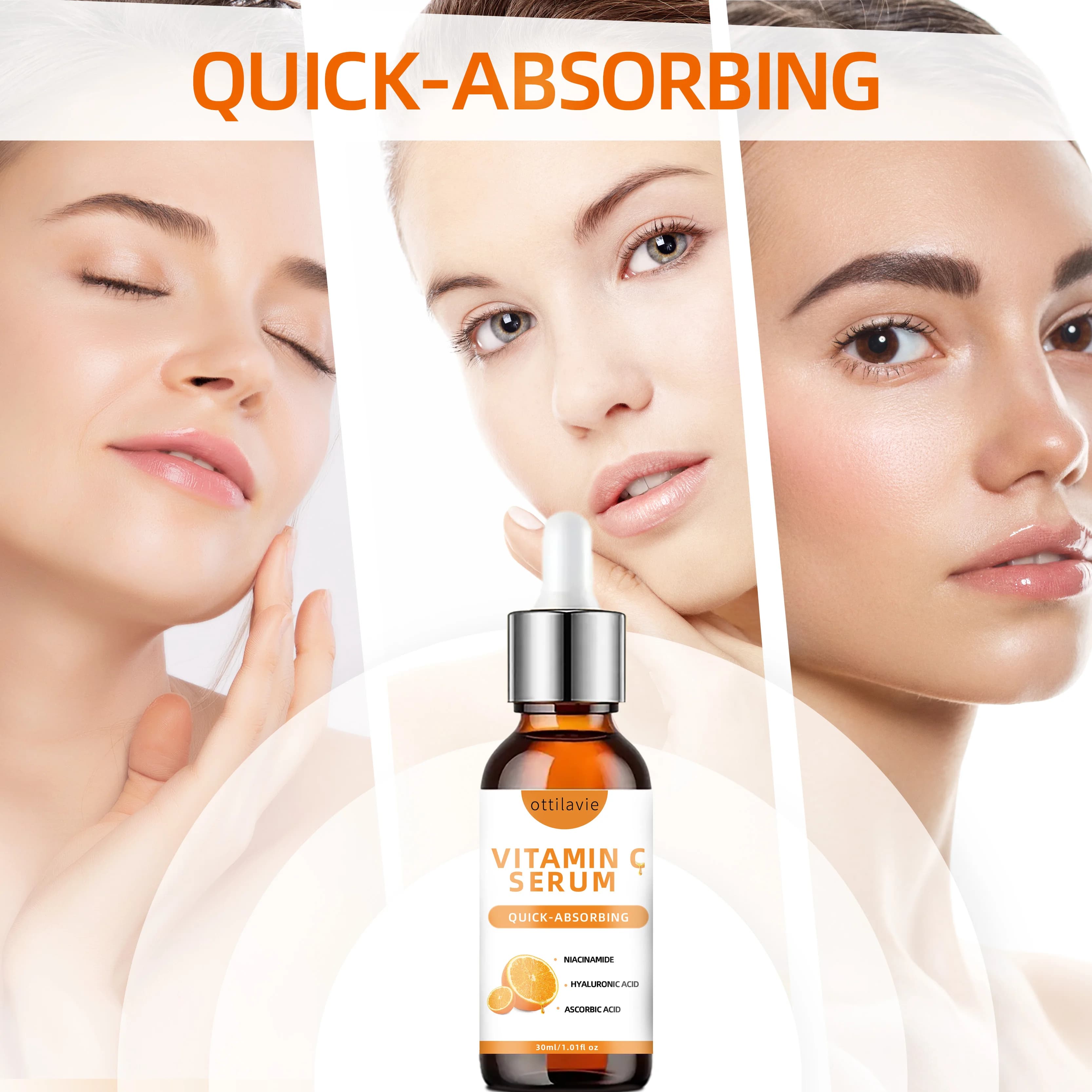 Sérum à la vitamine C à l'acide hyaluronique – Absorption rapide, Hydratation en profondeur, Non gras, Nutrition 24 heures pour une peau éclatante instantanée