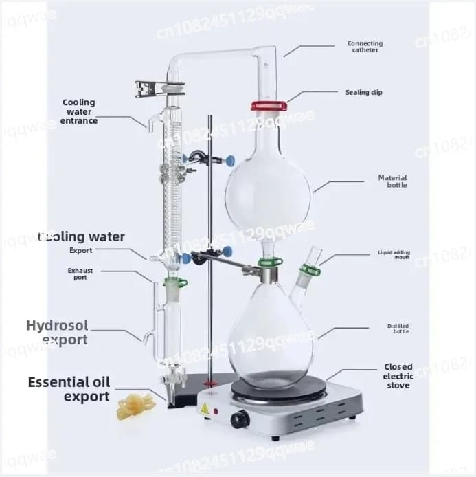 Appareil de séparation en verre pour l'extraction d'huiles essentielles 2000 ml, équipement de distillation de la rosée, machine à distiller l'eau, kits de verrerie