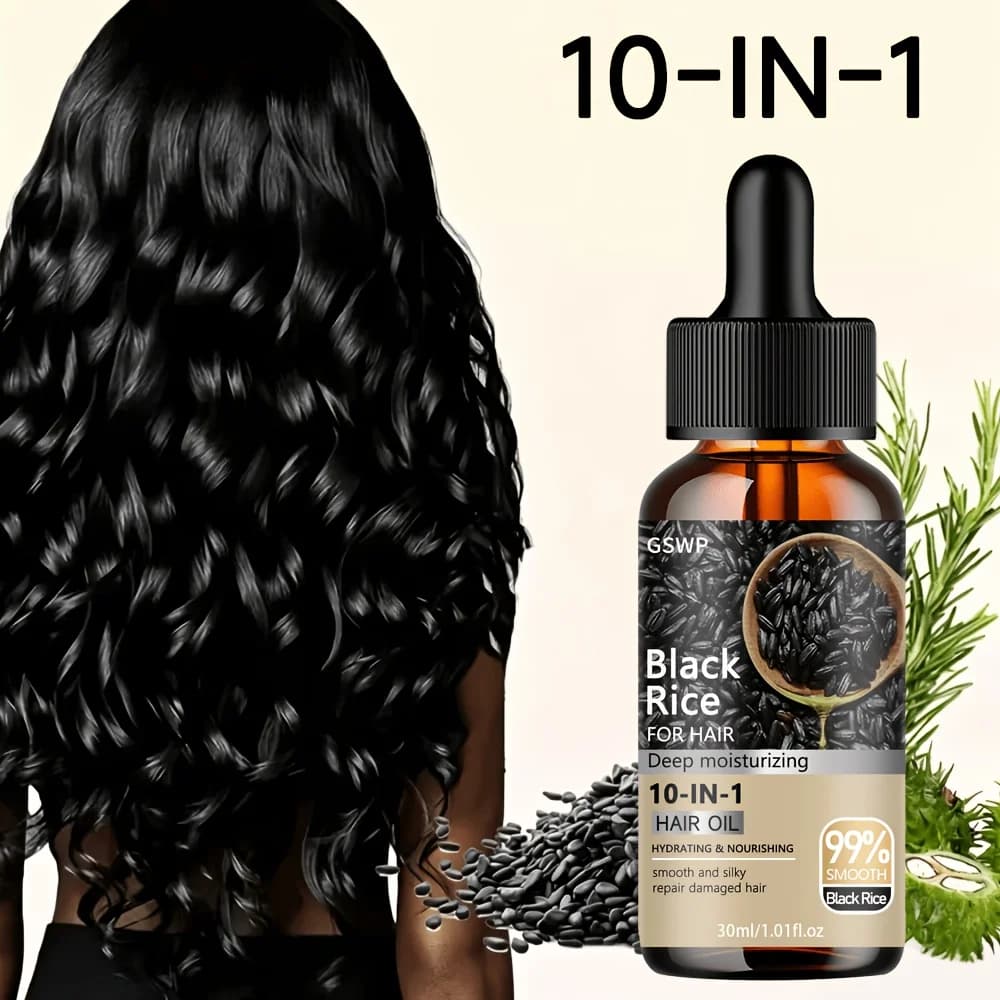 Huile capillaire 10-en-1 au riz noir, huile nourrissante pour cheveux, réparation en profondeur des pointes fourchues, huile essentielle sans rinçage. 60/120ml