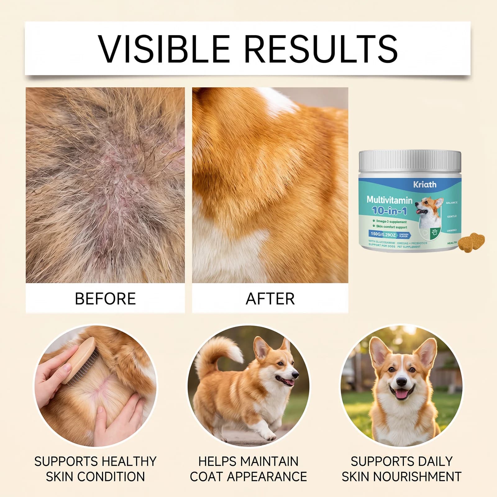 Multivitamines pour chien 150g, 10 vitamines en 1, compléments alimentaires pour animaux de compagnie, oméga-3, glucosamine pour chiots, soins de la peau, du pelage, de la digestion, du système immuni