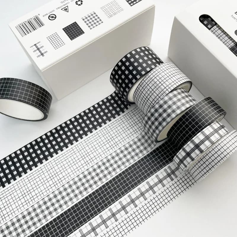 Lot de 6 rouleaux de ruban adhésif décoratif à motifs de grille pour magazine, décoration d'album DIY, papeterie et matériel artisanal