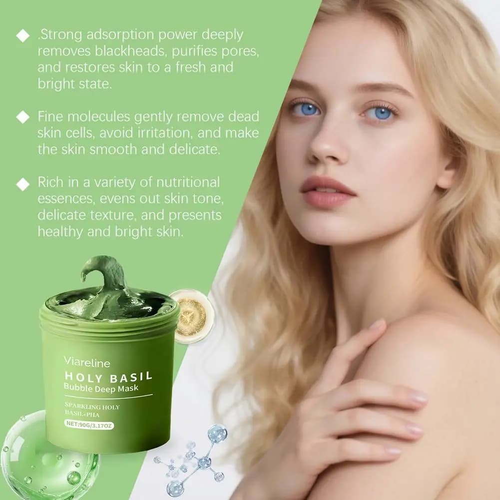 Masque facial à bulles de basilic sacré, nettoyage en profondeur et exfoliation, élimine les points noirs, resserre les pores, contrôle le sébum, soin hydratant pour la peau 90g
