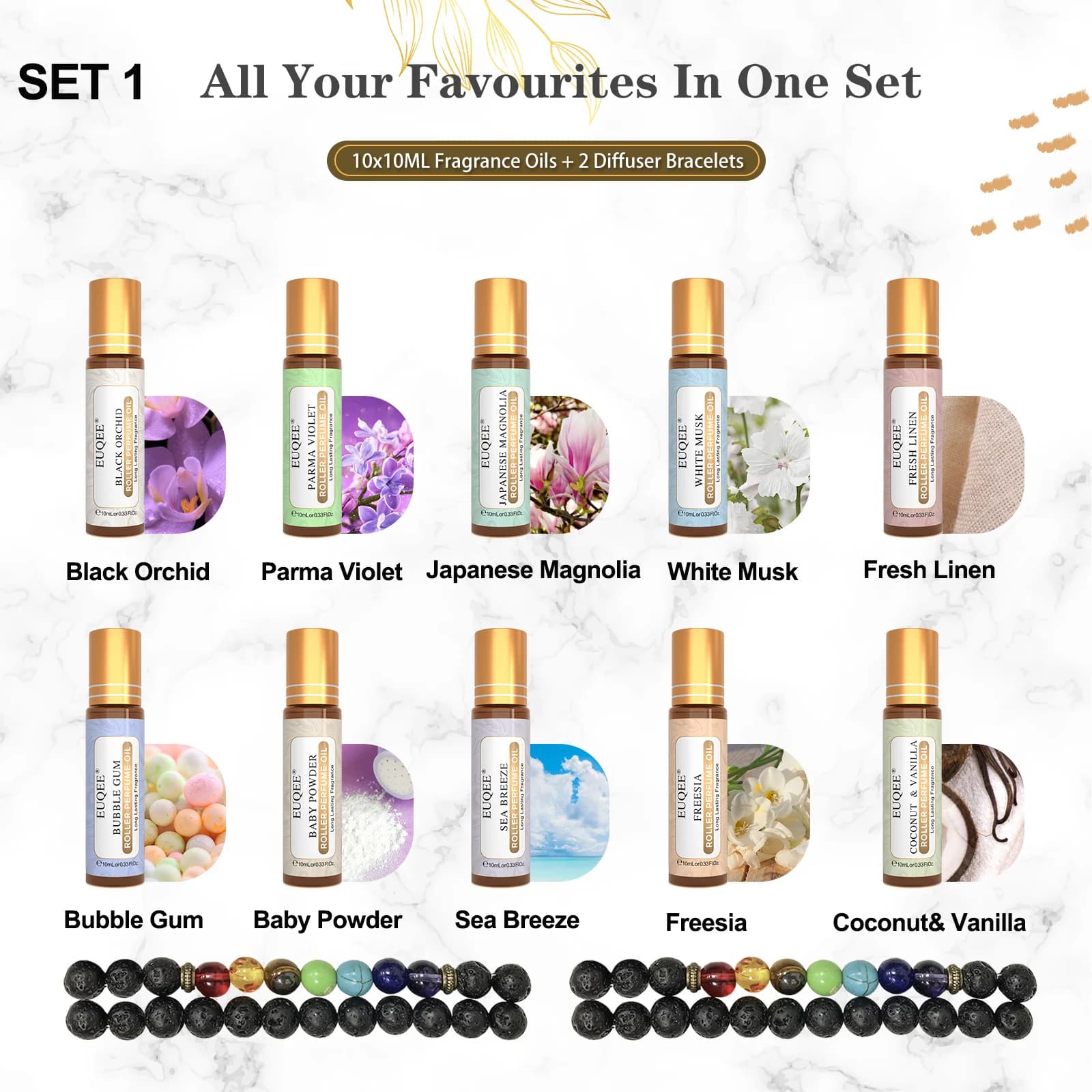 10 pièces/ensemble huile d'aromathérapie Roll-On musc blanc noix de coco vanille brise de mer bébé poudre lin frais gomme à bulles orchidée noire Freesia