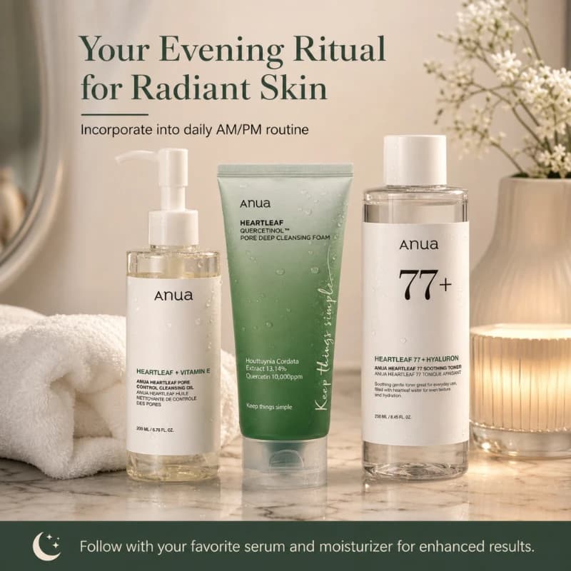 Ensemble de produits coréens : Mousse nettoyante en profondeur Heartleaf, Tonique apaisant anti-acné 77 et Huile démaquillante hydratante et régulatrice de sébum pour le visage