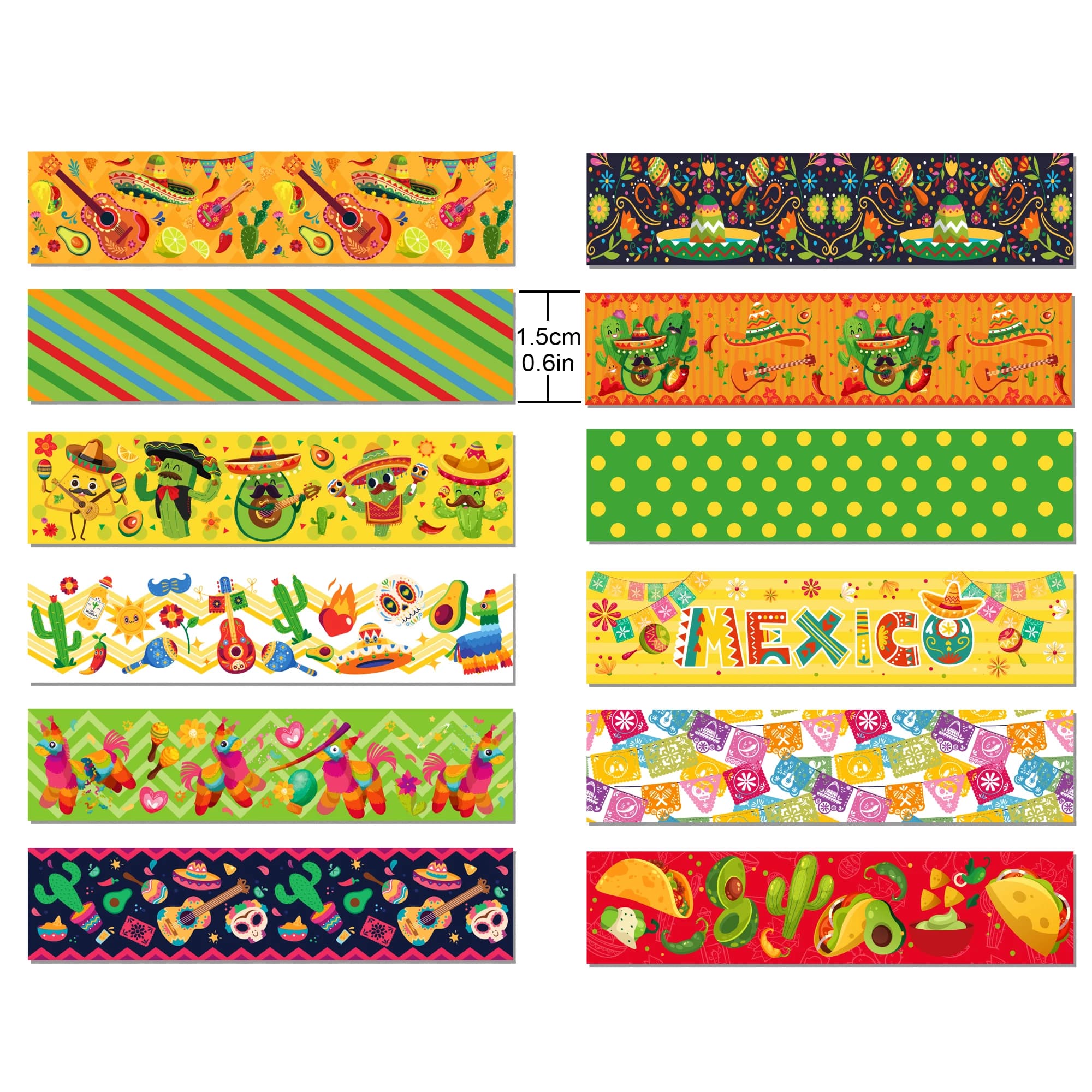 Ruban Washi de masquage de dessin animé mexicain, fournitures de scrapbooking, matériel de papeterie, autocollant de fête Cinco de Mayo, manuel, 12 rouleaux