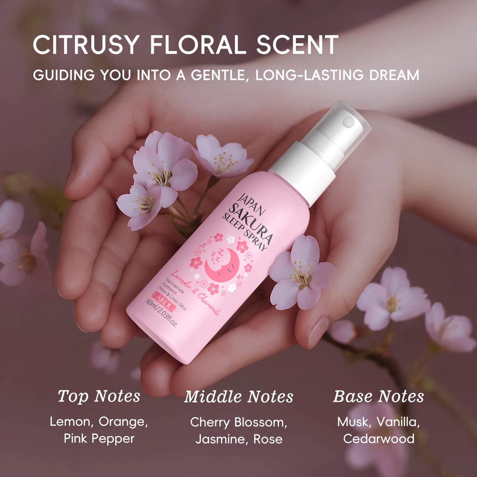 LAIKOU Japon Sakura Spray de Sommeil 60ml Lavande Camomille Parfum Doux Apaisant Relaxant Brume pour Oreiller et Linge de Lit
