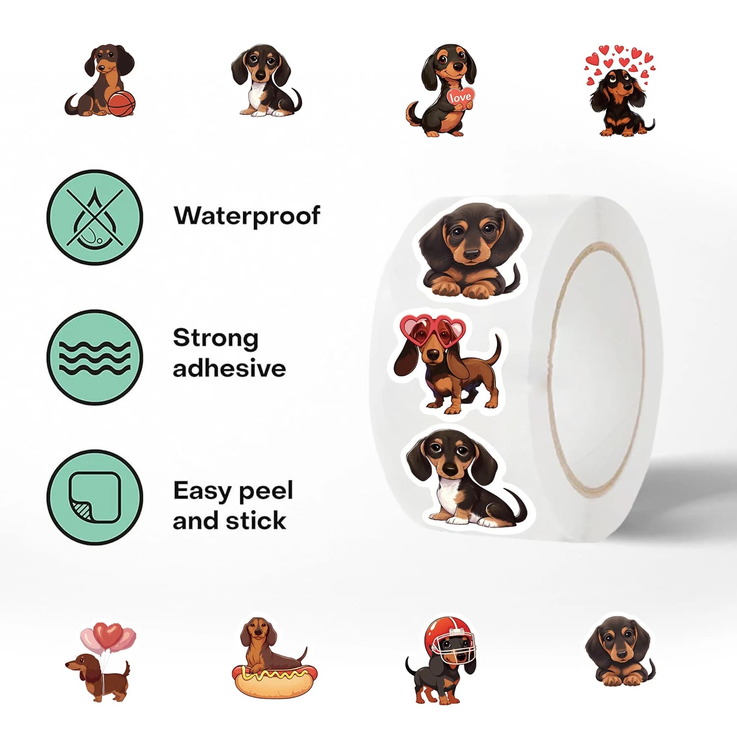 Rouleau autocollant dessin animé chien saucisse mignon, 500 pièces, autocollant de sceau d'enveloppe pour compte à main, autocollant décoratif imperméable en PVC