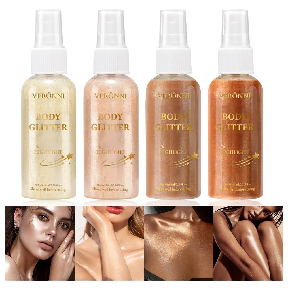 Liquide corps mettant en évidence l'huile scintillante maquillage 4 couleurs paillettes Spray huile Lotion lueur