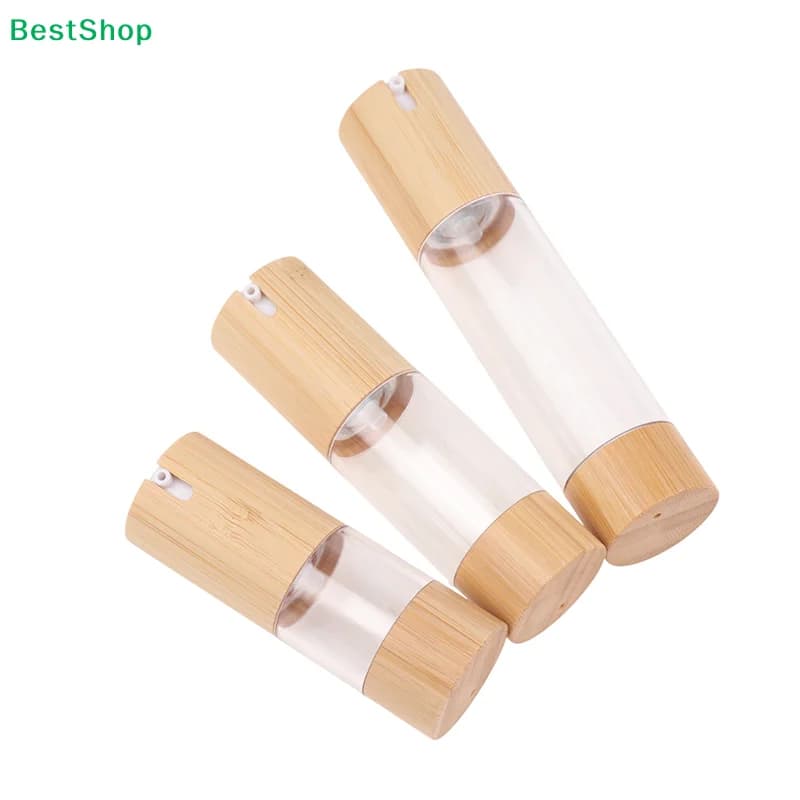 Bouteilles à pompe sans air en bambou et verre - Contenants de voyage rechargeables pour les soins de la peau et les cosmétiques
