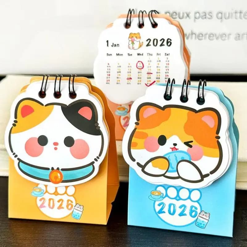 Mini calendrier de bureau avec chat de dessin animé