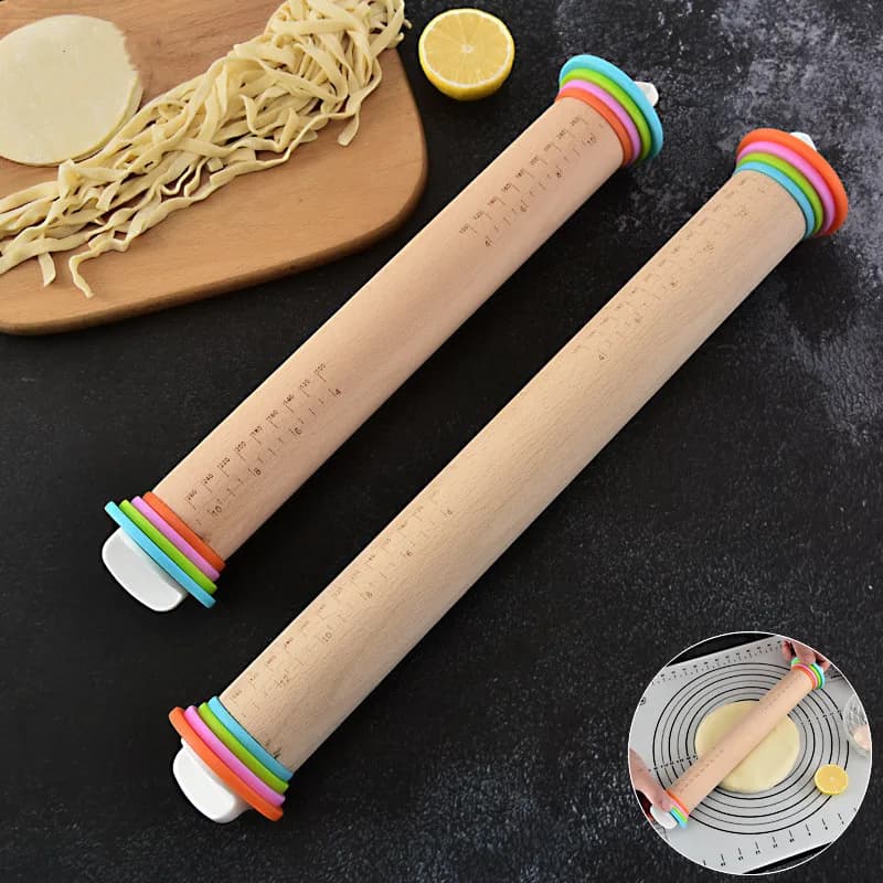 Rouleau à pâtisserie réglable en bois avec anneaux amovibles
