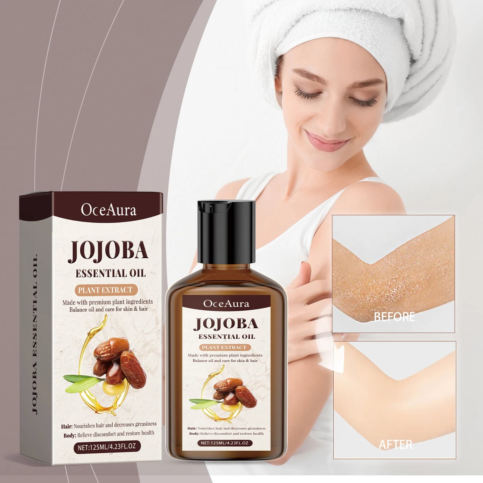 Huile de jojoba naturelle anti-rides, raffermissante, hydratante pour le visage, huile de massage relaxante, réparation des cheveux, soin de la peau, huile corporelle nourrissante 125 ml