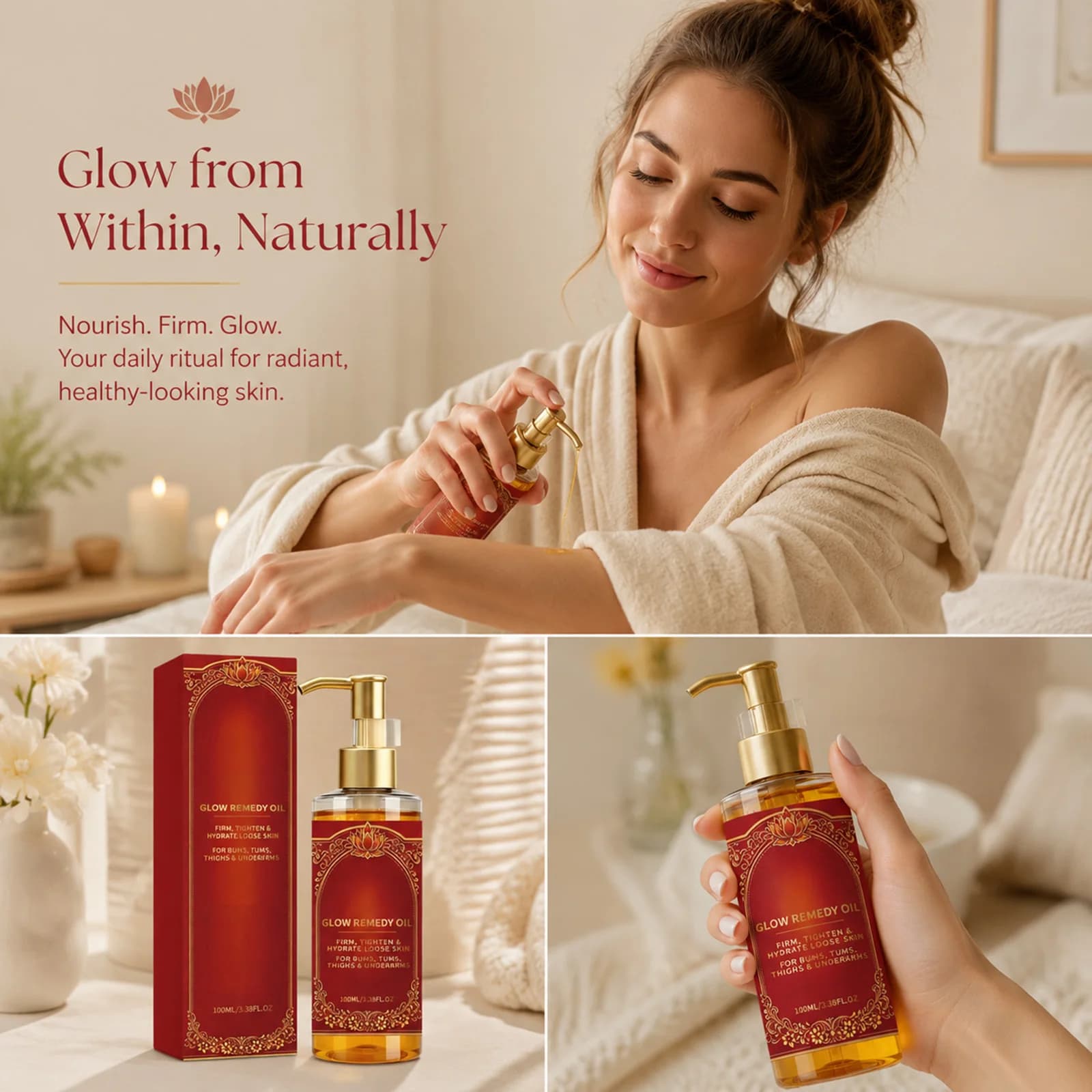 Huile corporelle raffermissante Glow Remedy : Hydrate la peau sèche et flasque