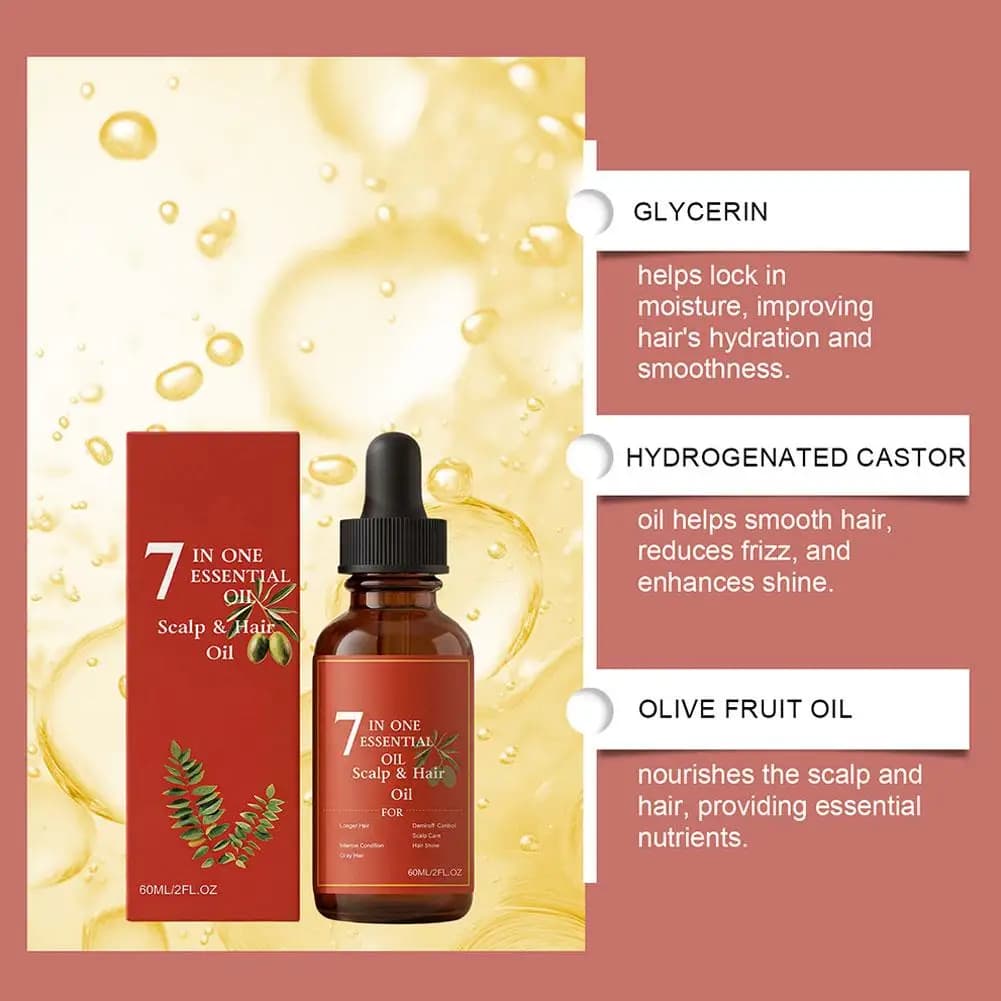 Huile Essentielle 7-en-1 pour Cuir Chevelu et Cheveux, Formule Nourrissante à l'Olive et au Romarin pour Renforcer les Racines, Réduire la Chute et Stimuler la Croissance