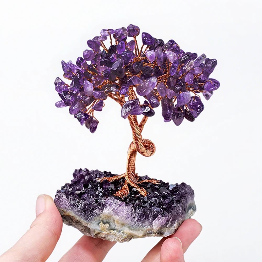 Arbre en grappe de cristal d'améthyste naturelle – Base en pierre concassée pour la décoration de la maison