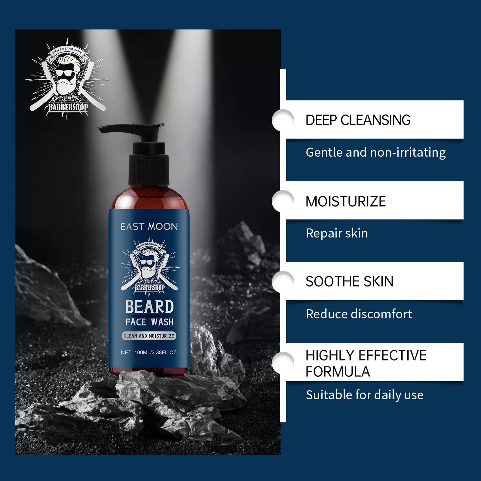 Shampoo à l'huile de bois de santal pour barbe : nourrit, améliore la texture rugueuse, réduit les frisottis, ajoute de la brillance. Le choix privilégié des hommes. Nettoyant doux pour moustache.
