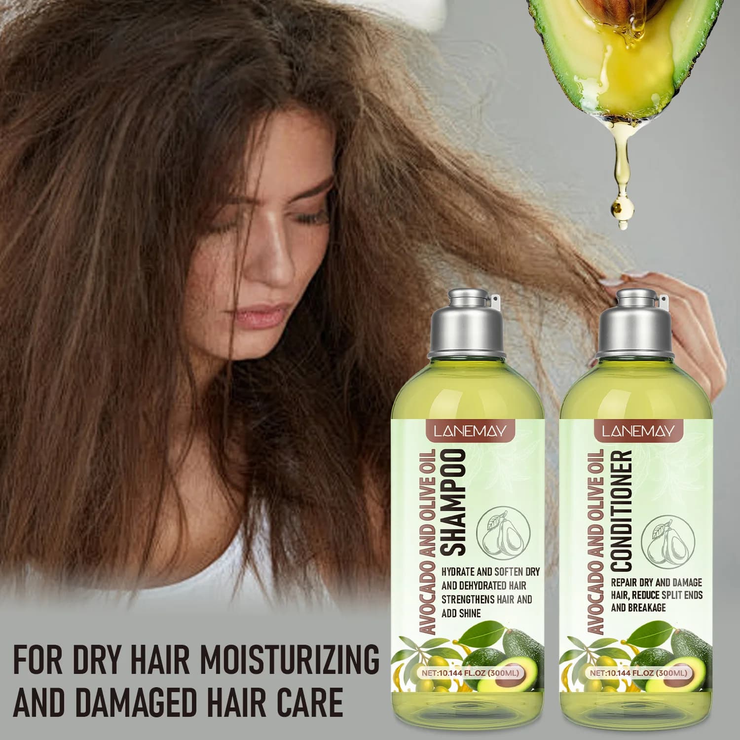 Ensemble shampoing et après-shampoing à l'avocat et à l'huile d'olive – 300 ml + 300 ml. Spécialement conçu pour les cheveux secs et abîmés, ce duo nourrissant h