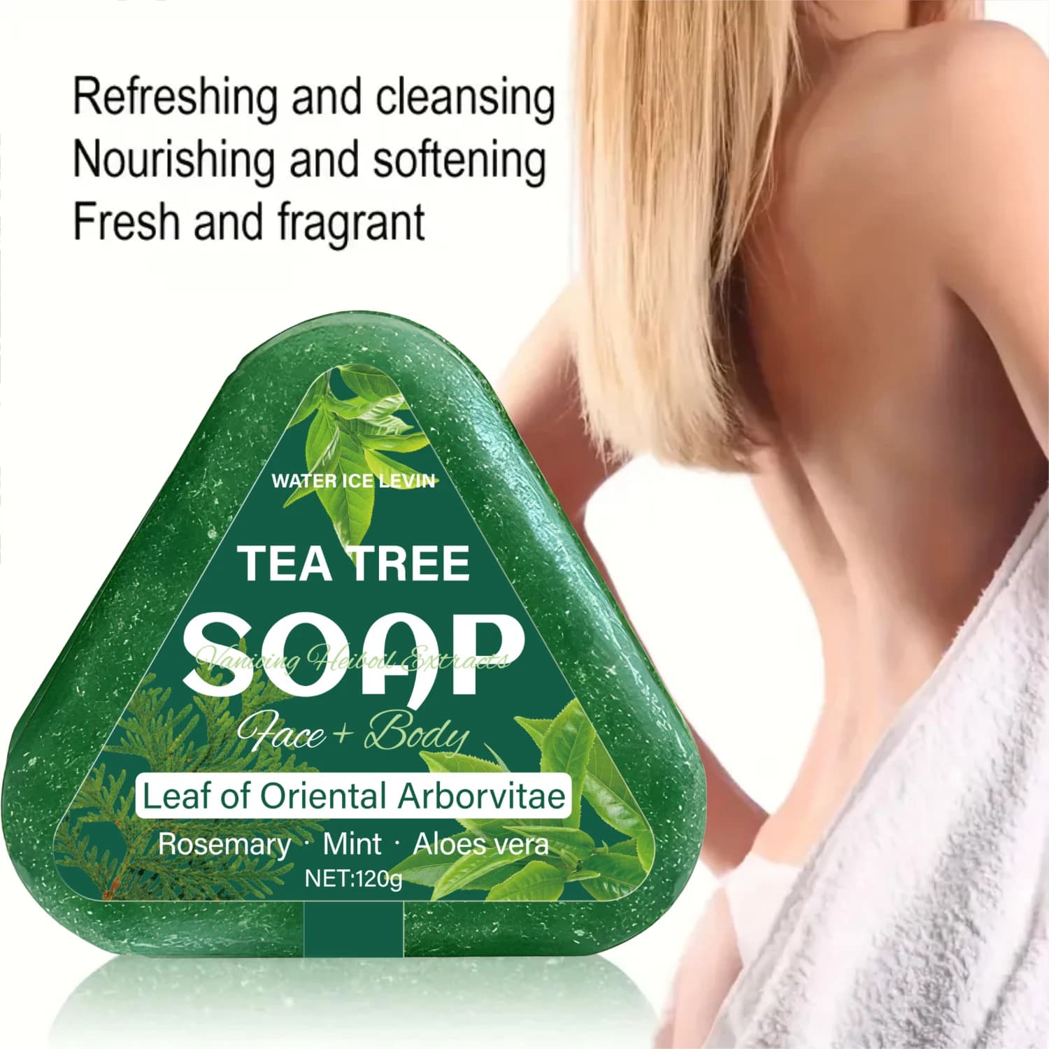 Savon à l'arbre à thé (visage + corps) : feuille d'arborvitae orientale, romarin/menthe/aloéle, hydrate en douceur tous les types de cheveux