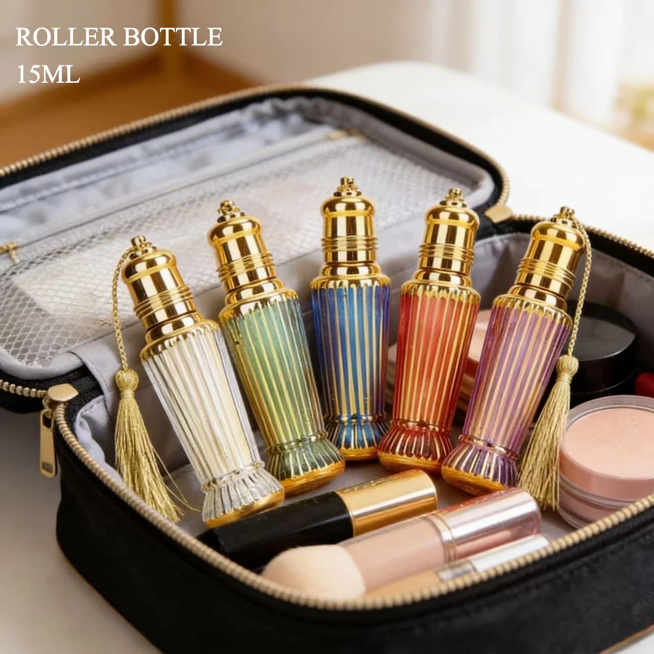 1 flacon roll-on en verre plaqué or de 15 ml avec bouchon à pompon, flacon de parfum portable de luxe pour sac à main et voyage, couleur aléatoire