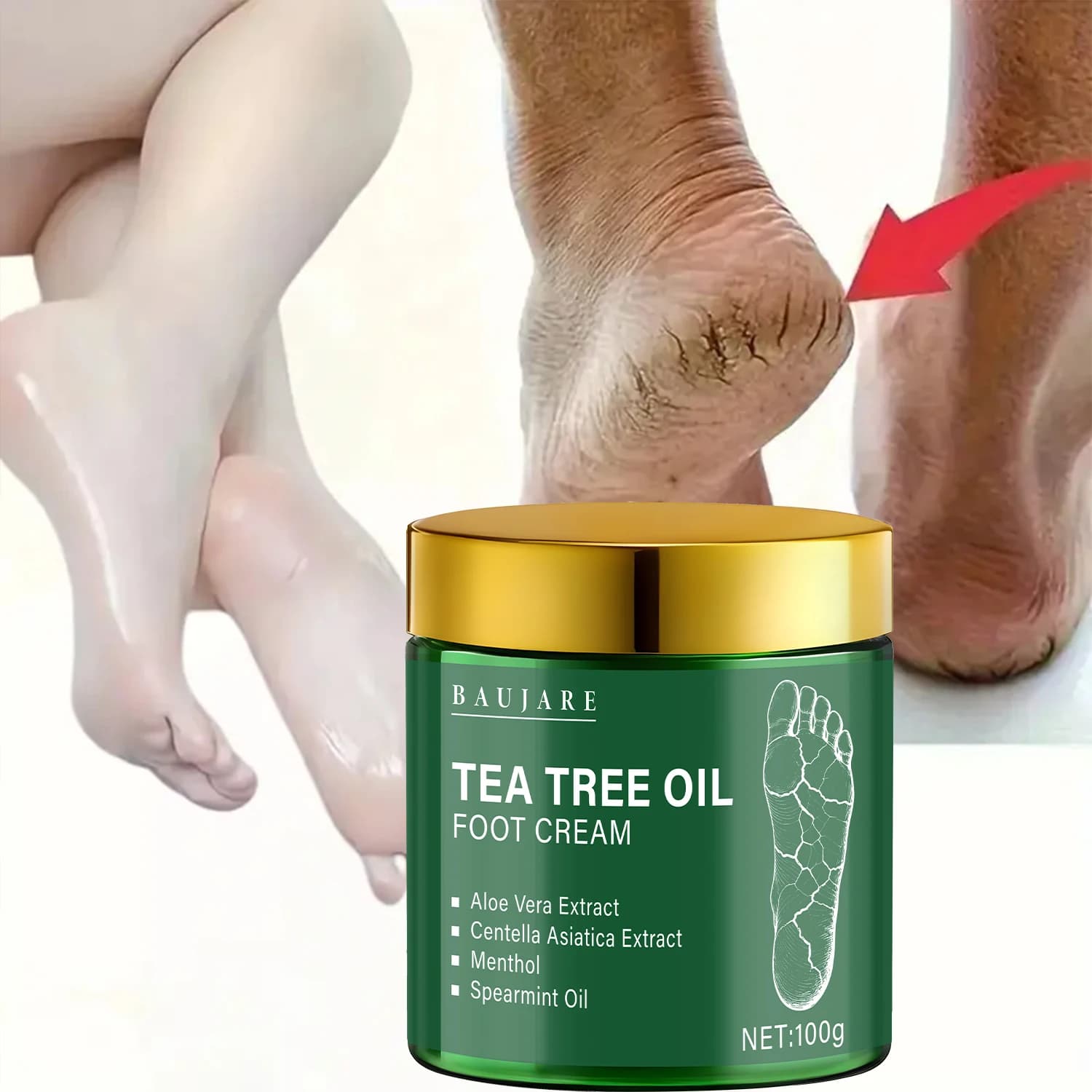 Crème pour les pieds à l'huile d'arbre à thé à l'aloe vera et au menthol - Hydrate et adoucit la peau avec l'acide hyaluronique et le rétinol