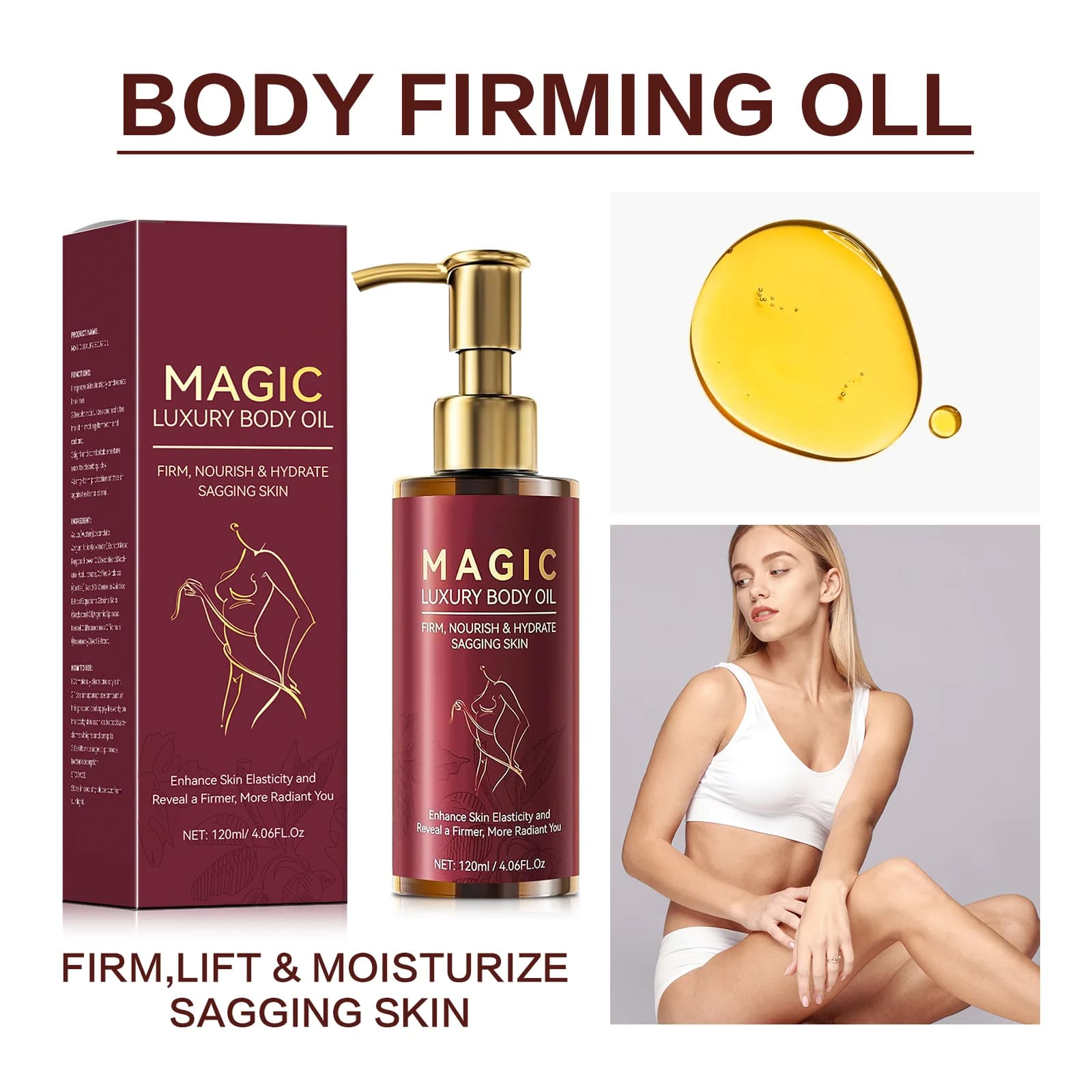 Huile corporelle pour resserrer les fesses, les cuisses, l'abdomen et les aisselles, huile de soin pour lifting et hydrater la peau, 120ml