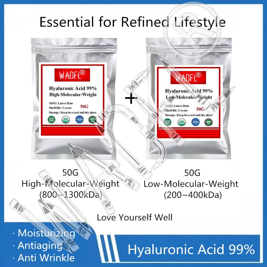 Sac rechargeable personnalisé en poudre d'acide hyaluronique, essentiel pour un style de vie raffiné, poids haut et bas, 99%