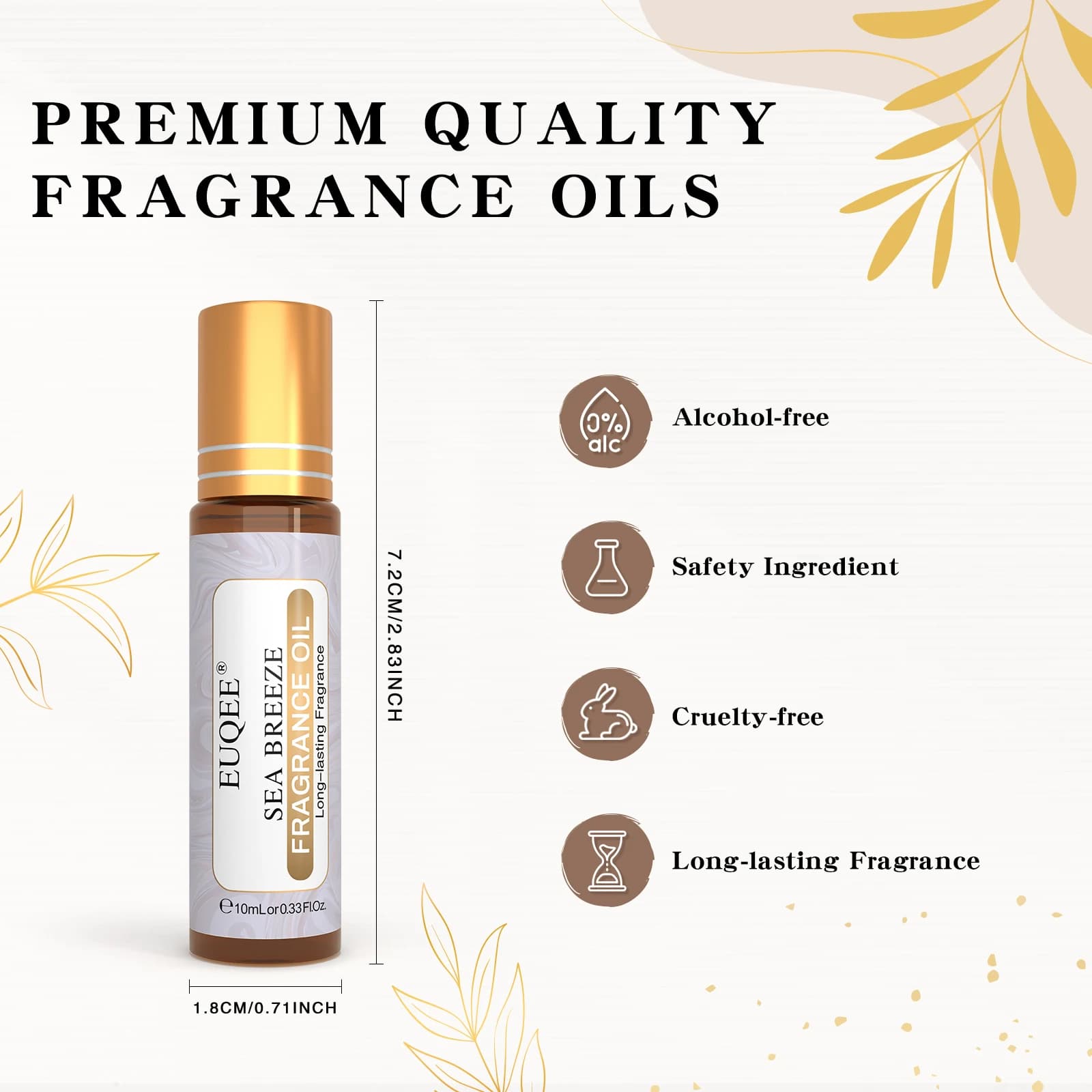 Huile parfumée roll-on EUQEE 10ml, senteurs Brise marine, Musc blanc, Noix de coco & Vanille, Chewing-gum, Thé vert, Ambre ange, parfum longue durée
