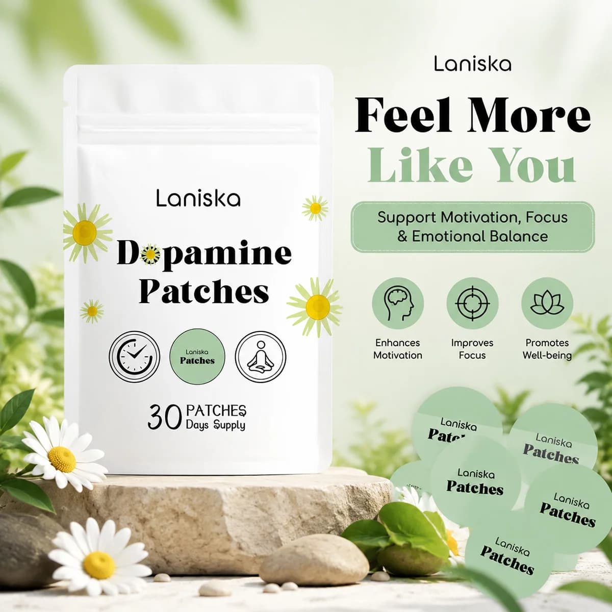 Patchs de Dopamine : Soutien Naturel de l'Humeur, Autocollants Portables Anti-Stress, Patchs Apaisants Quotidiens Doux pour la Peau