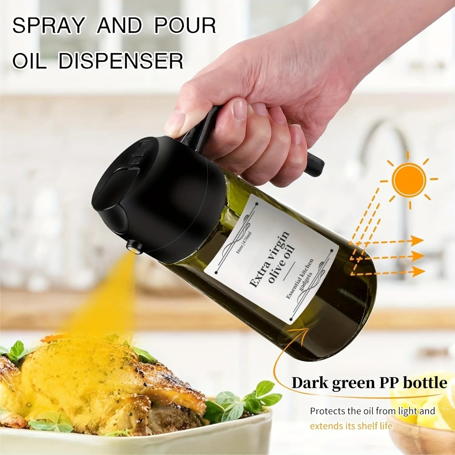 Distributeur et pulvérisateur d'huile d'olive 2 en 1, bouteille vert foncé de 16oz/470ml, plastique Durable avec 6 autocollants, Gadget de cuisine, 1 pièce