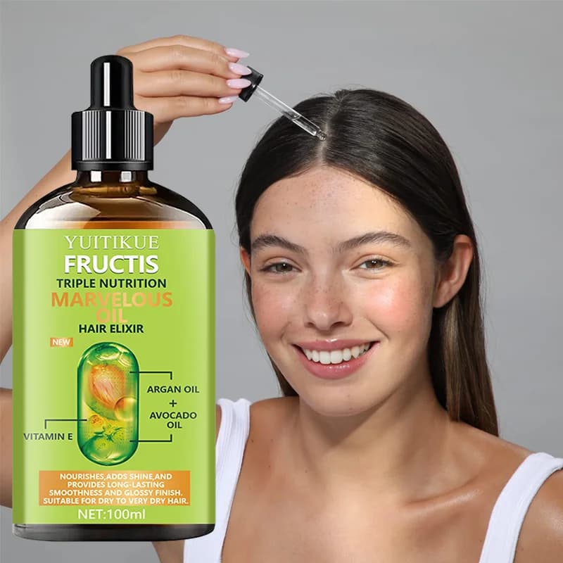 Huile capillaire YUITIKUE Fructis Triple Nutrition | Argan, avocat et vitamine E, lisse et brillant pour tous types de cheveux 100ml