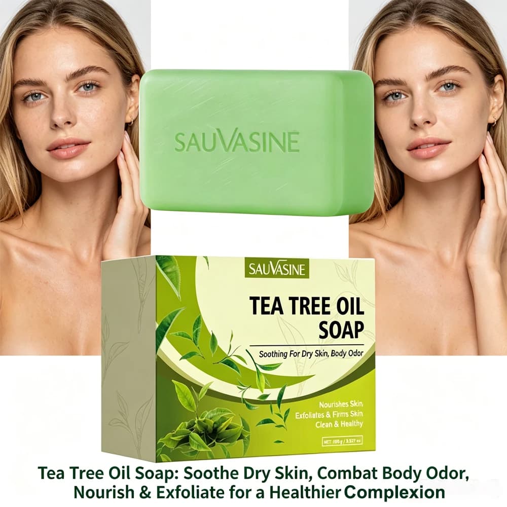 Savon à l'huile d'arbre à thé pour hommes et femmes, nettoyage en profondeur, apaisant pour les peaux sèches, soin des odeurs corporelles, exfolie et raffermit la peau, 100g