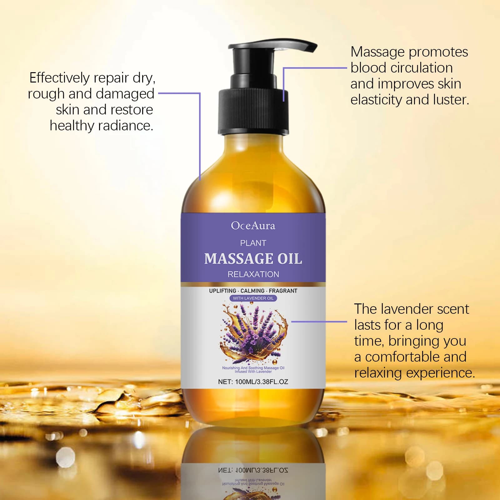 Huile essentielle de lavande, douce et apaisante, hydrate la peau, a un parfum agréable, s'absorbe facilement, huile de massage corporel