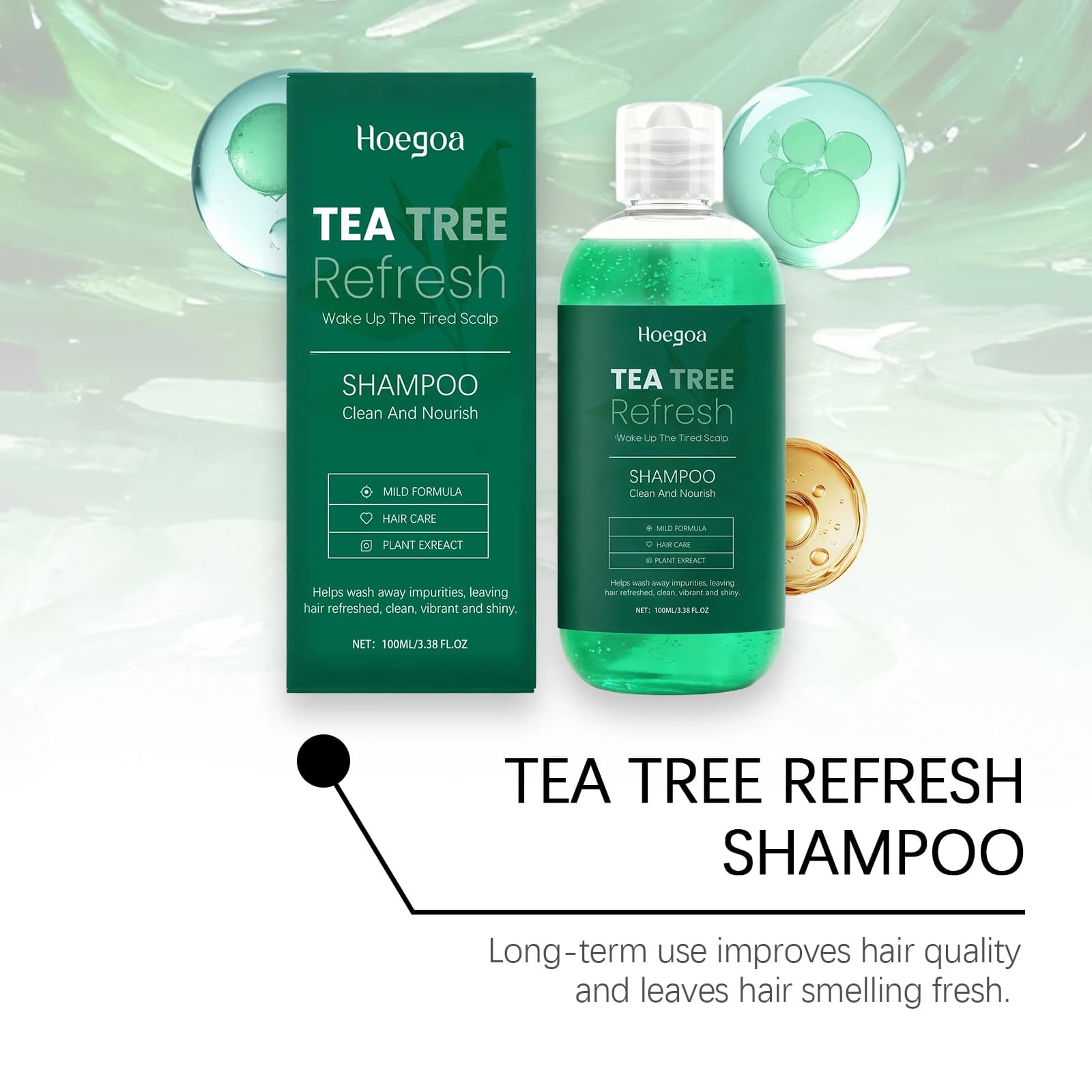 Shampooing rafraîchissant à l'huile d'arbre à thé, nettoyage en profondeur, nourrit le cuir chevelu, élimine les pellicules, réduit la casse et les frisottis, soin capillaire lissant