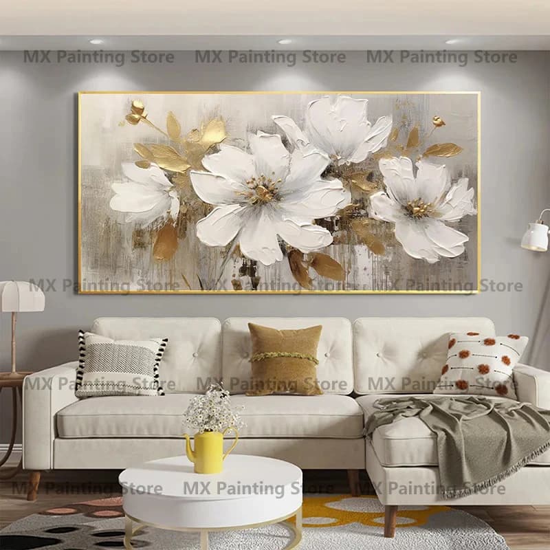 Peinture à l'huile de fleurs dorées sur affiche, imprimés sur toile, Art mural, peinture florale blanche abstraite, décor de salon, décor de maison sans cadre