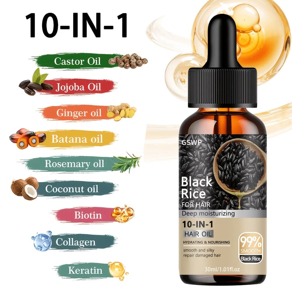 Huile capillaire 10-en-1 au riz noir, huile nourrissante pour cheveux, réparation en profondeur des pointes fourchues, huile essentielle sans rinçage. 60/120ml