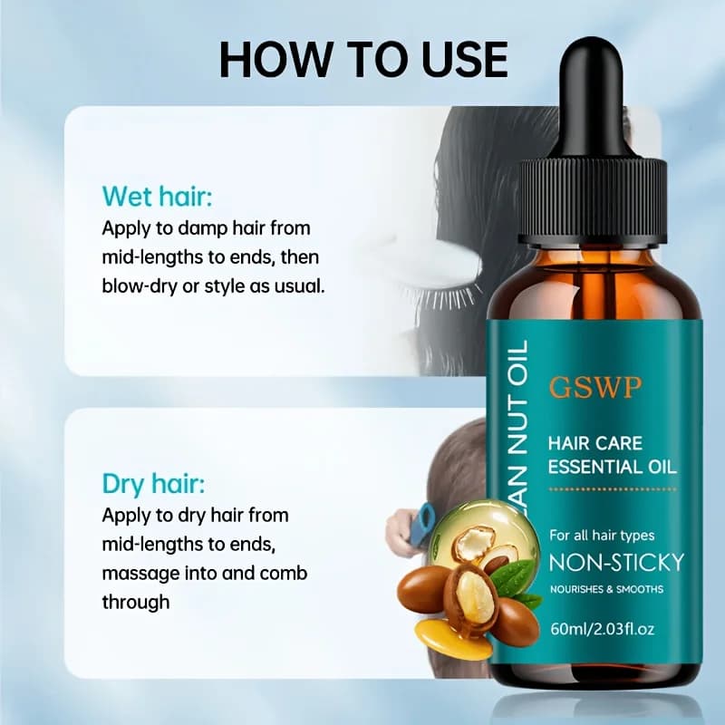 Huile capillaire à l'huile d'argan GSWP, contrôle les frisottis, non grasse, renforce les cheveux, répare les pointes fourchues. Pour tous types de cheveux. 60/120 ml