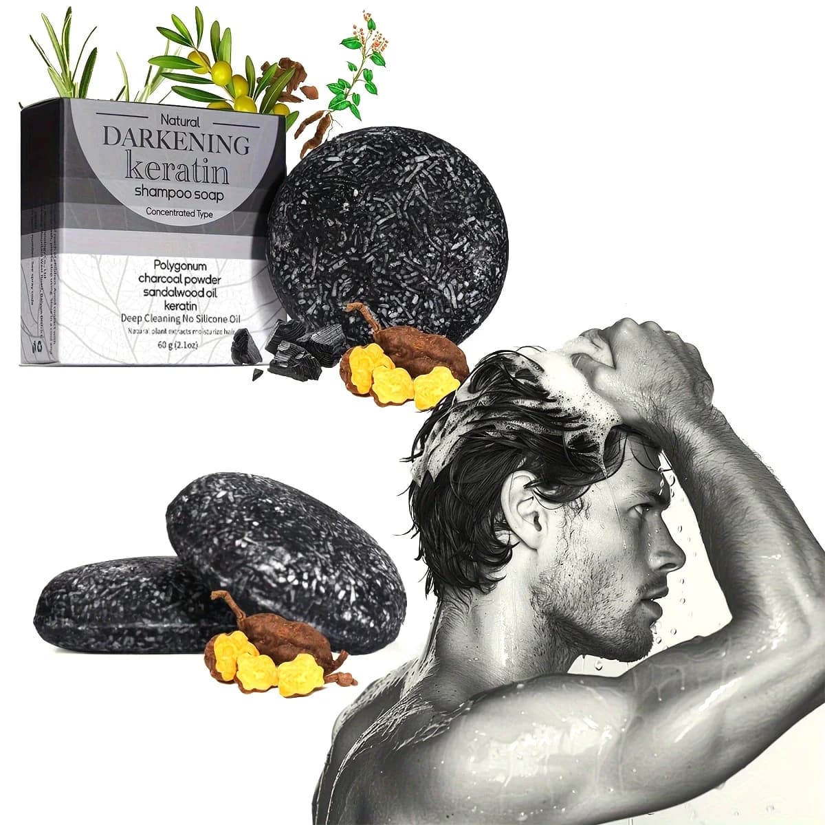 XF 60g Savon noir Shampooing solide Shampooing végétalien biologique pour tous les types de cheveux fabriqués à base d'huile naturelle