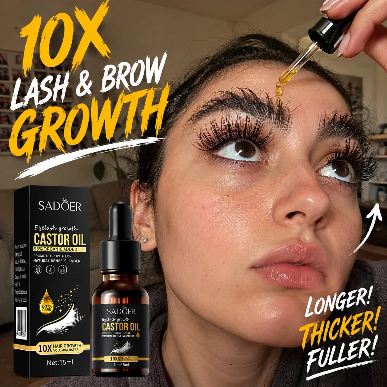 Sérum de croissance des cils à l'huile de ricin 10X+, booster pour cils et sourcils, rehausseur de sourcils, cils plus longs, plus épais, plus volumineux, huile nourrissante pour soins quotidiens 15ML