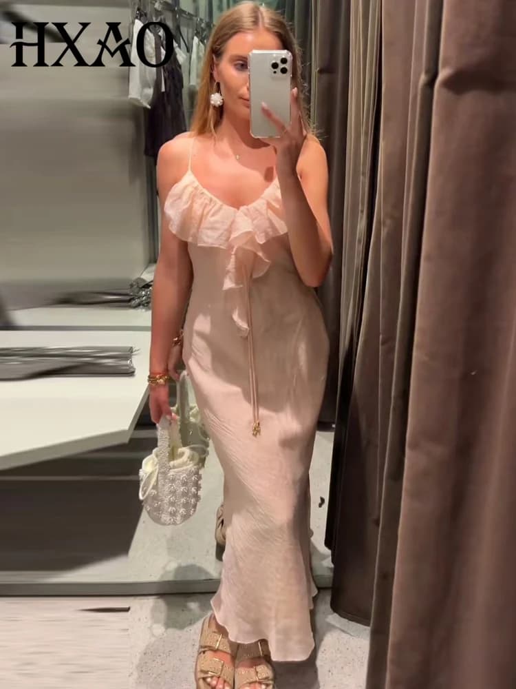 HXAO 2025 femmes robe à volants été élégant bal Resort robes de soirée dames mode Midi sans manches dos nu robes