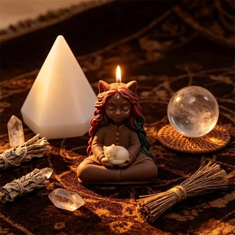 Moule en silicone 3D pour bougies et résine, motif Sorcière méditative avec chat, sculpture spirituelle de déesse sorcière féline, pour bougies de relaxation