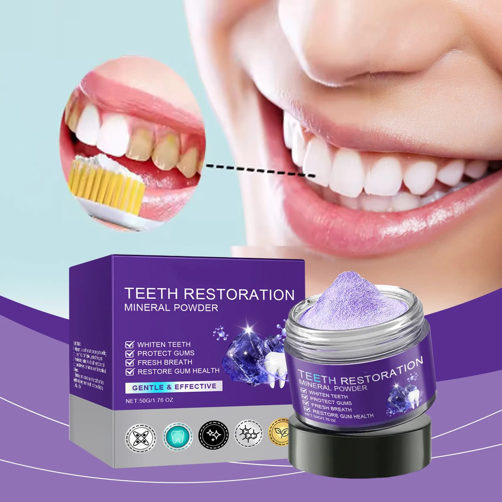 Poudre Minérale Violette pour la Restauration Dentaire – Éclaircissante, Blanchissante, Sûre pour l'Émail – Poudre Dentifrice Renforçante pour les Dents, Répare le Tartre et les Gencives