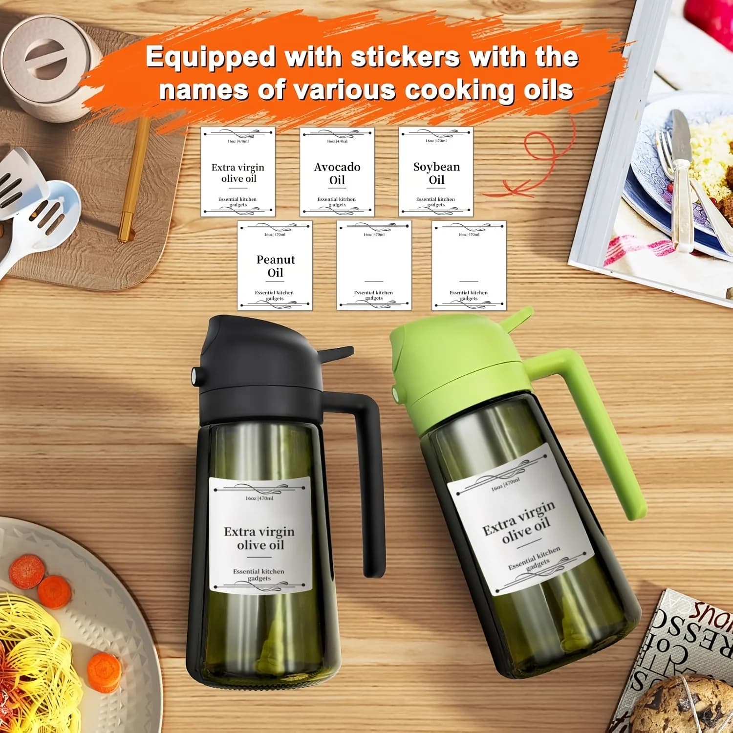 Distributeur et pulvérisateur d'huile d'olive 2 en 1, bouteille vert foncé de 16oz/470ml, plastique Durable avec 6 autocollants, Gadget de cuisine, 1 pièce