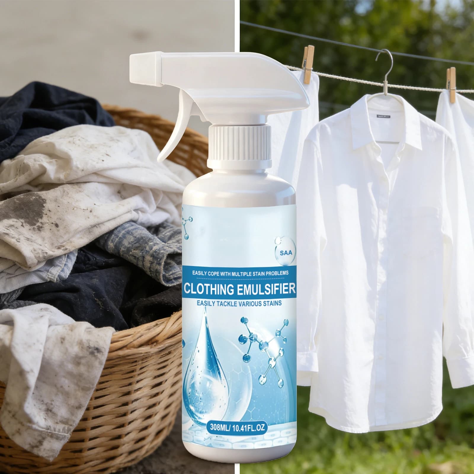 Spray émulsifiant détachant pour vêtements, élimination des taches d'huile, de graisse, de sang et de sueur sur les vêtements blancs, nettoyant tout usage 308ml