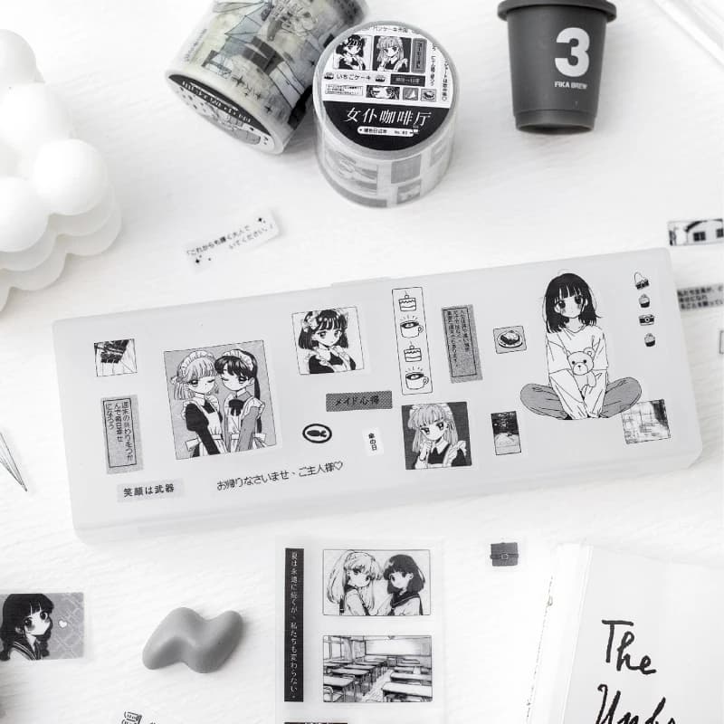 2 m/rouleau Kawaii japonais noir et blanc manga style PET ruban découpé bricolage décoration scrapbook journal album papeterie autocollant