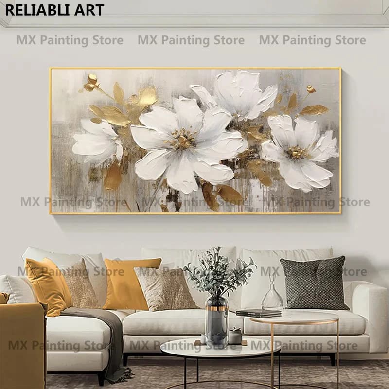 Peinture à l'huile de fleurs dorées sur affiche, imprimés sur toile, Art mural, peinture florale blanche abstraite, décor de salon, décor de maison sans cadre