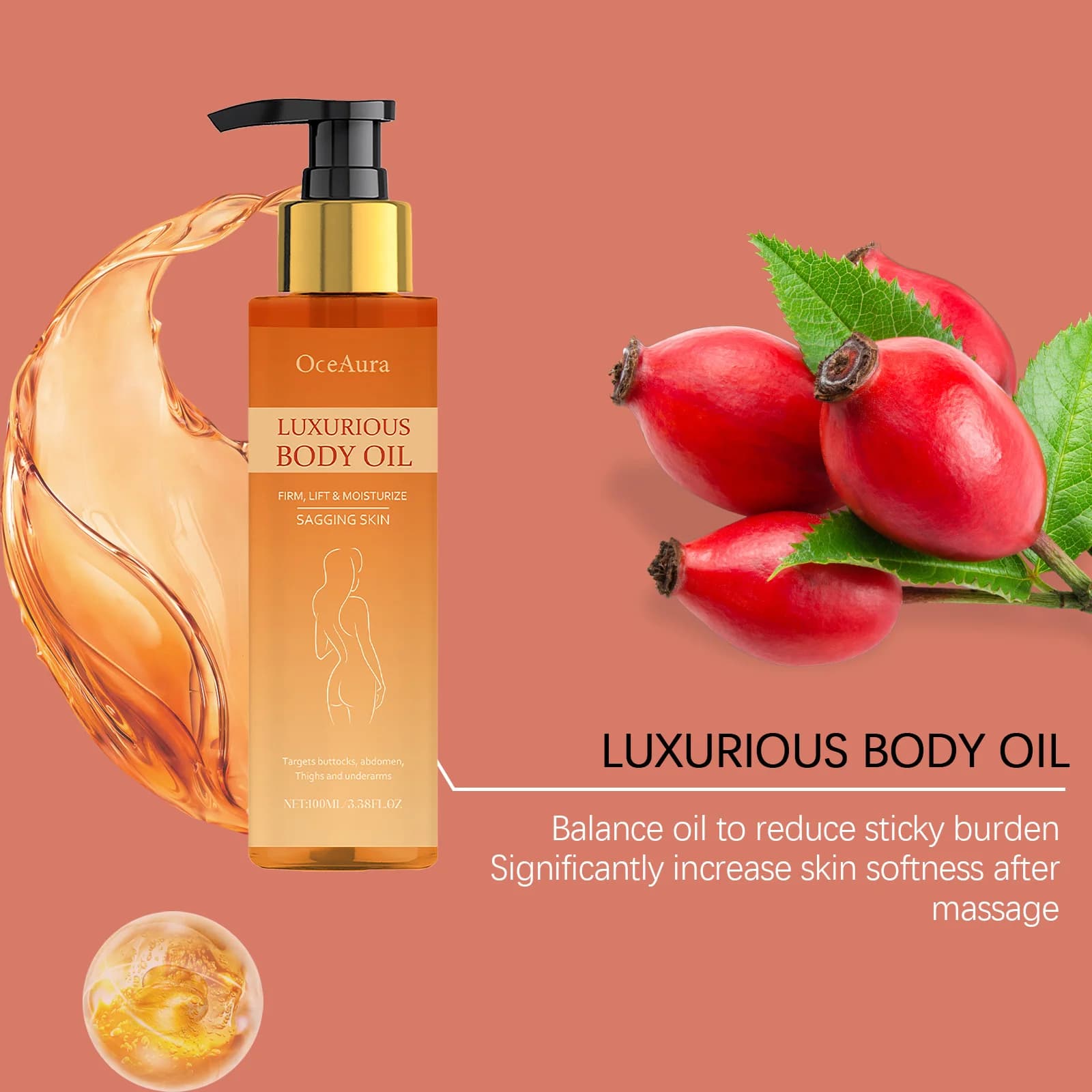 Huile corporelle Lifting et raffermissante, raffermit la peau affaissée, hydratant en profondeur, peau sèche, réparatrice, adoucit, magique, huile nourrissante de luxe, 100ml