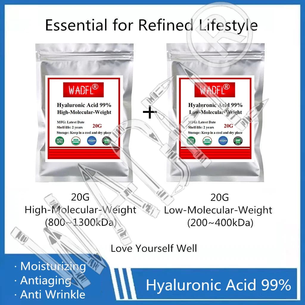 Sac rechargeable personnalisé en poudre d'acide hyaluronique, essentiel pour un style de vie raffiné, poids haut et bas, 99%