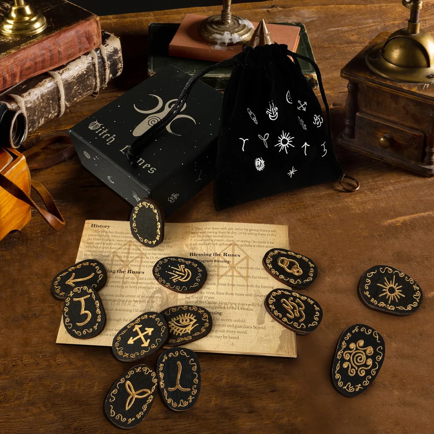 Ensemble de runes de sorcière mystique, 13 pièces, pierres de rune en bois avec symboles, outils de Divination, lettres Viking nordiques, Kit de méditation de guérison