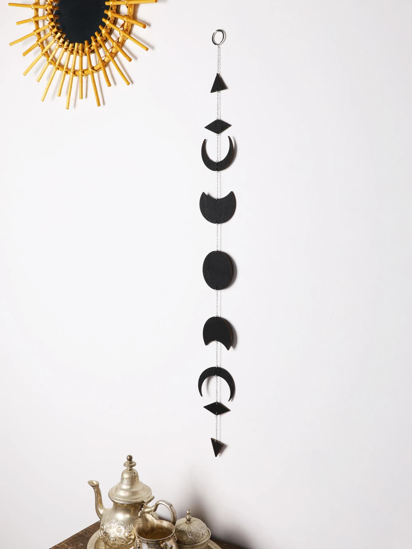 Phase de lune noire tenture murale Boho chambre décor bois lune guirlande mur Art salon chambre crèche bureau appartement décoration